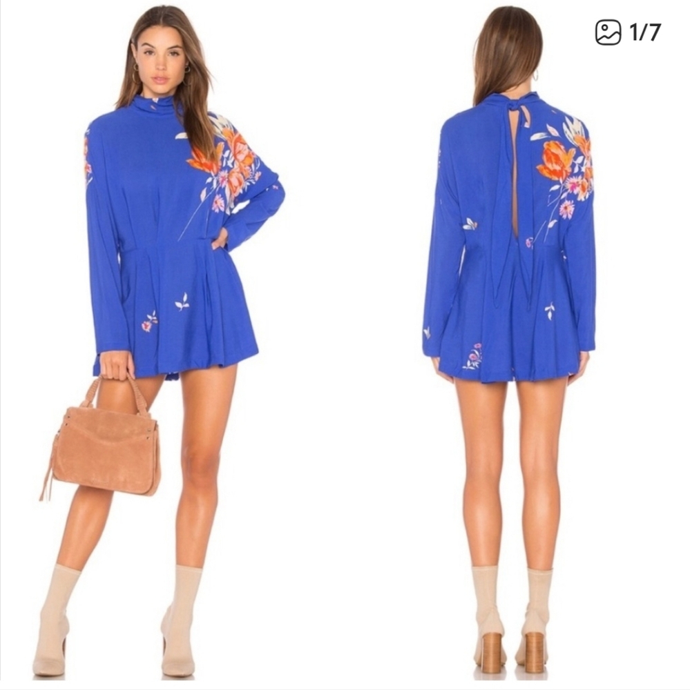 Free People Gemma Blue Floral Tunic Top Long Sleeve, can wear as a Dress